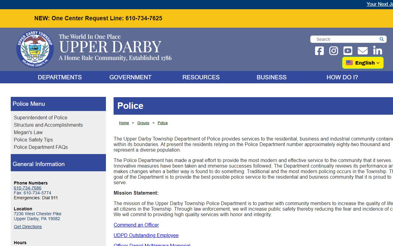 Upper Darby Police Department website for arrest records and jail mugshots