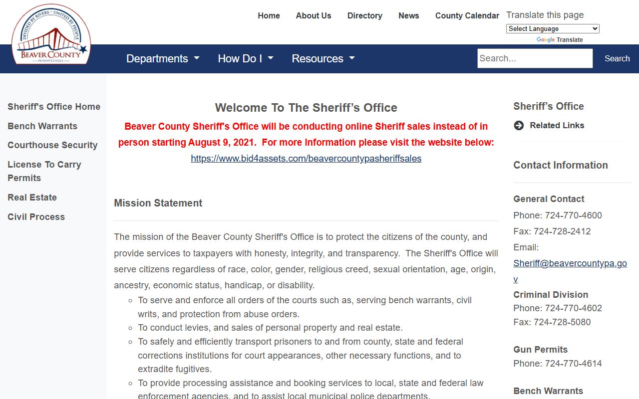 Beaver County Sheriff's Office page for booking records and jail mugshots