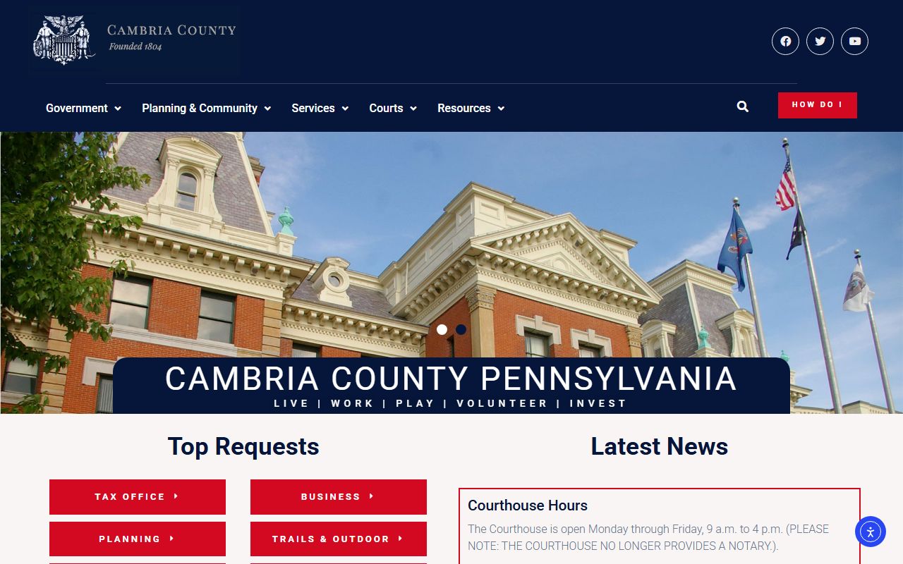 Cambria County government homepage for jail mugshots and arrest records in Ebensburg
