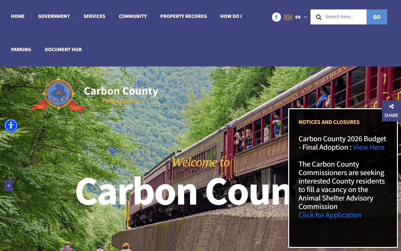 Carbon County government homepage for jail mugshots and public records in Jim Thorpe