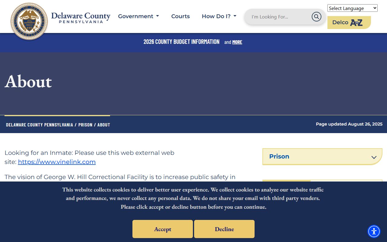 George W. Hill Correctional Facility page for Delaware County jail mugshots