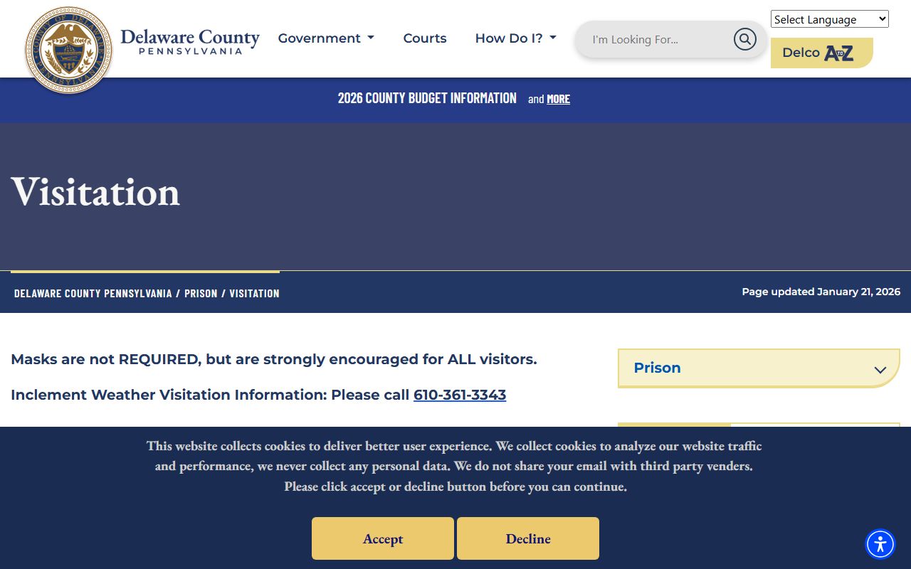 Delaware County prison visitation rules and scheduling information