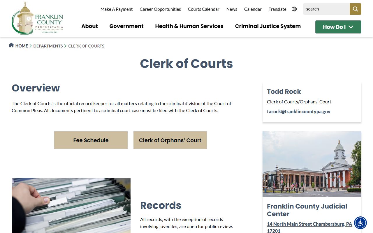 Franklin County Clerk of Courts page for criminal records and jail mugshots
