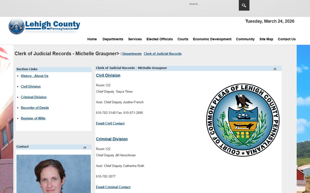 Lehigh County Clerk of Judicial Records for court records and jail mugshots