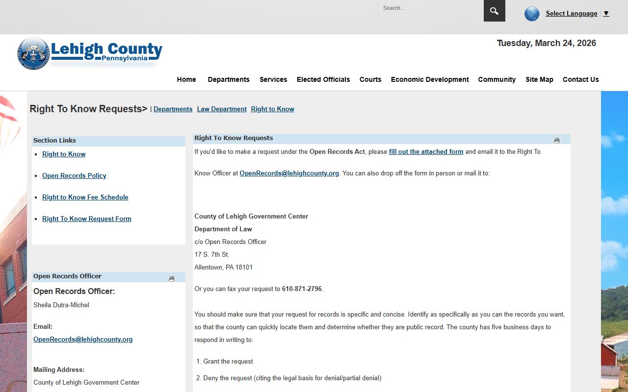 Lehigh County Right-to-Know records request page for jail mugshots
