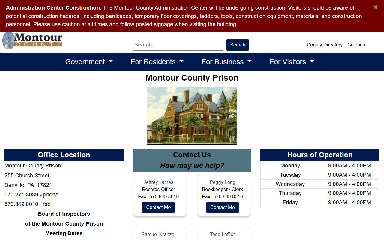 Montour County Prison page for jail mugshots and inmate booking records