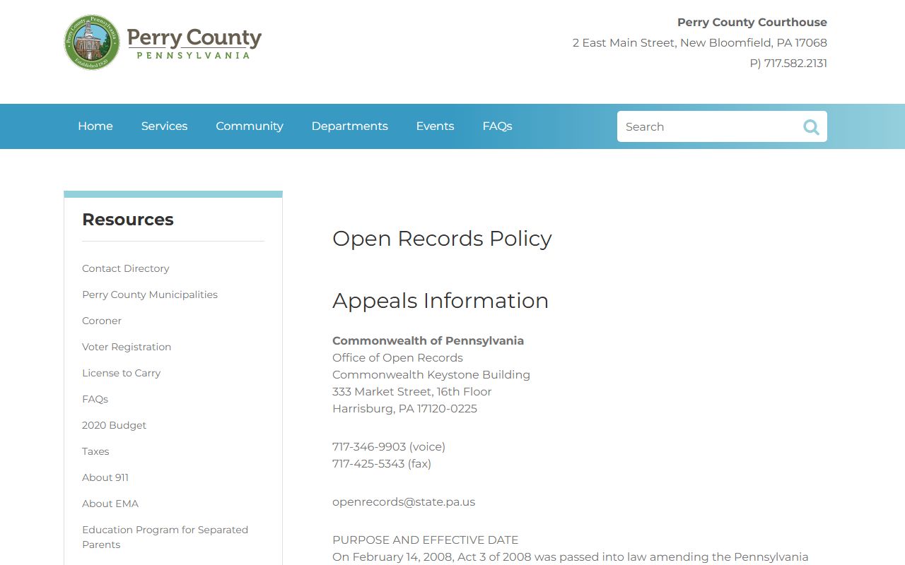 Perry County open records policy page for public records access