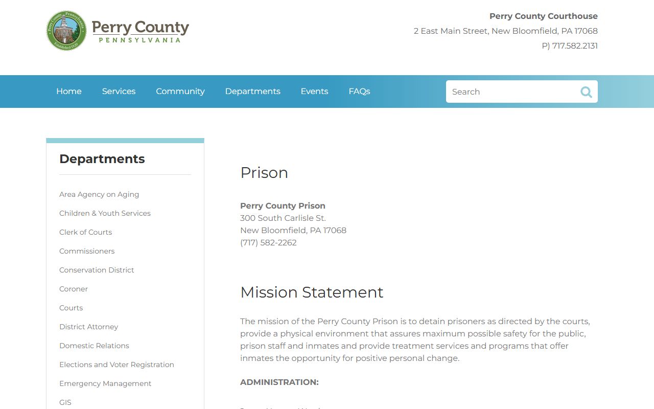 Perry County Prison page for booking records and jail mugshots