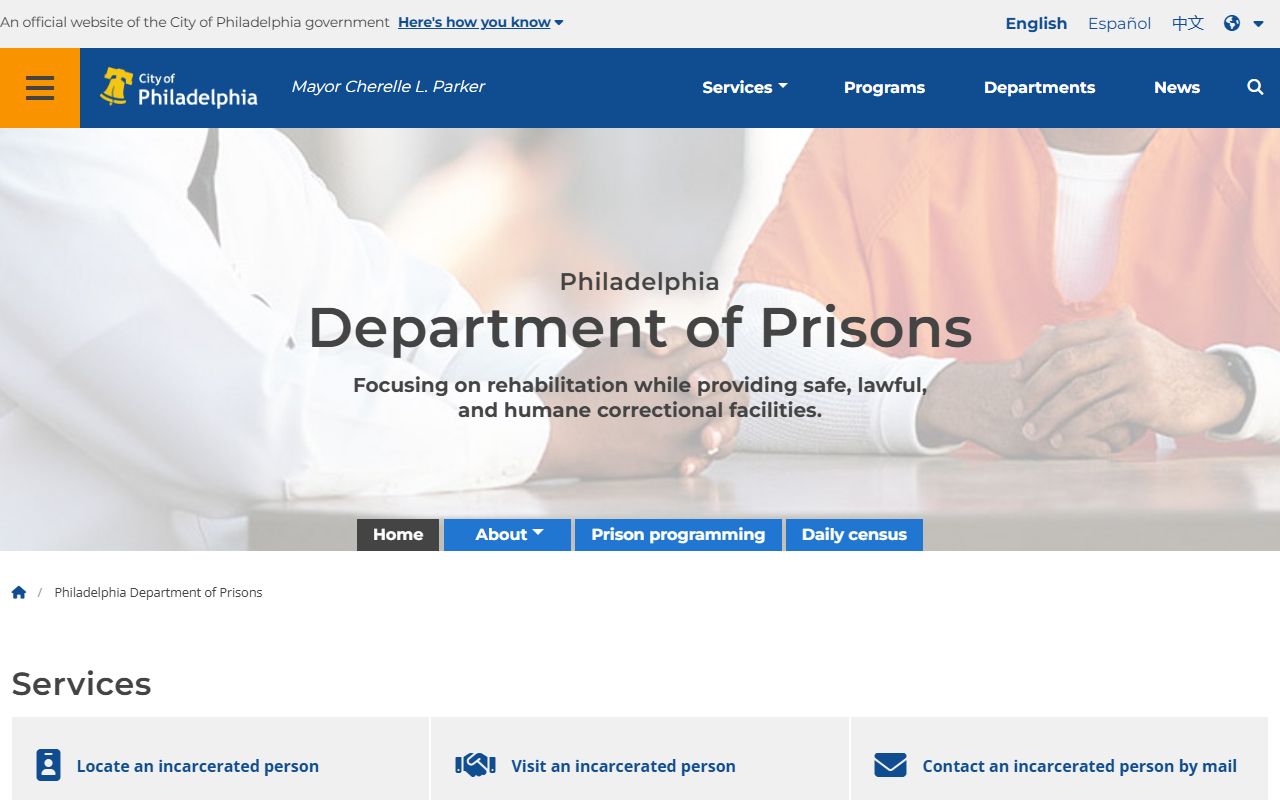 Philadelphia Department of Prisons page for booking records and jail mugshots
