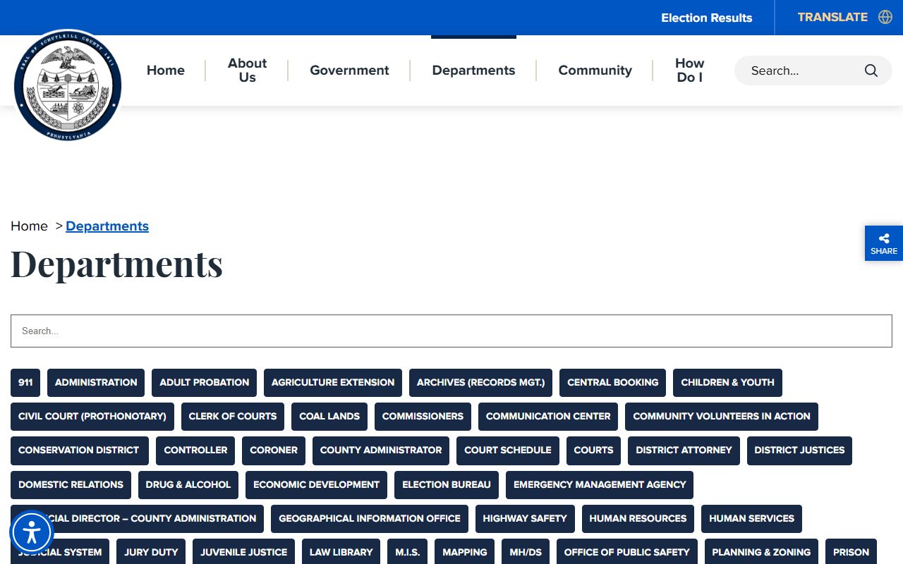 Schuylkill County departments page showing Sheriff and Prison offices