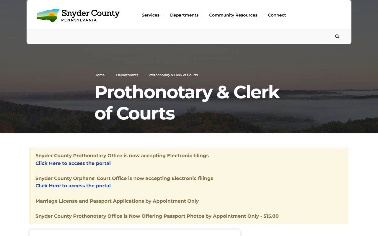 Snyder County Prothonotary and Clerk of Courts page for criminal records