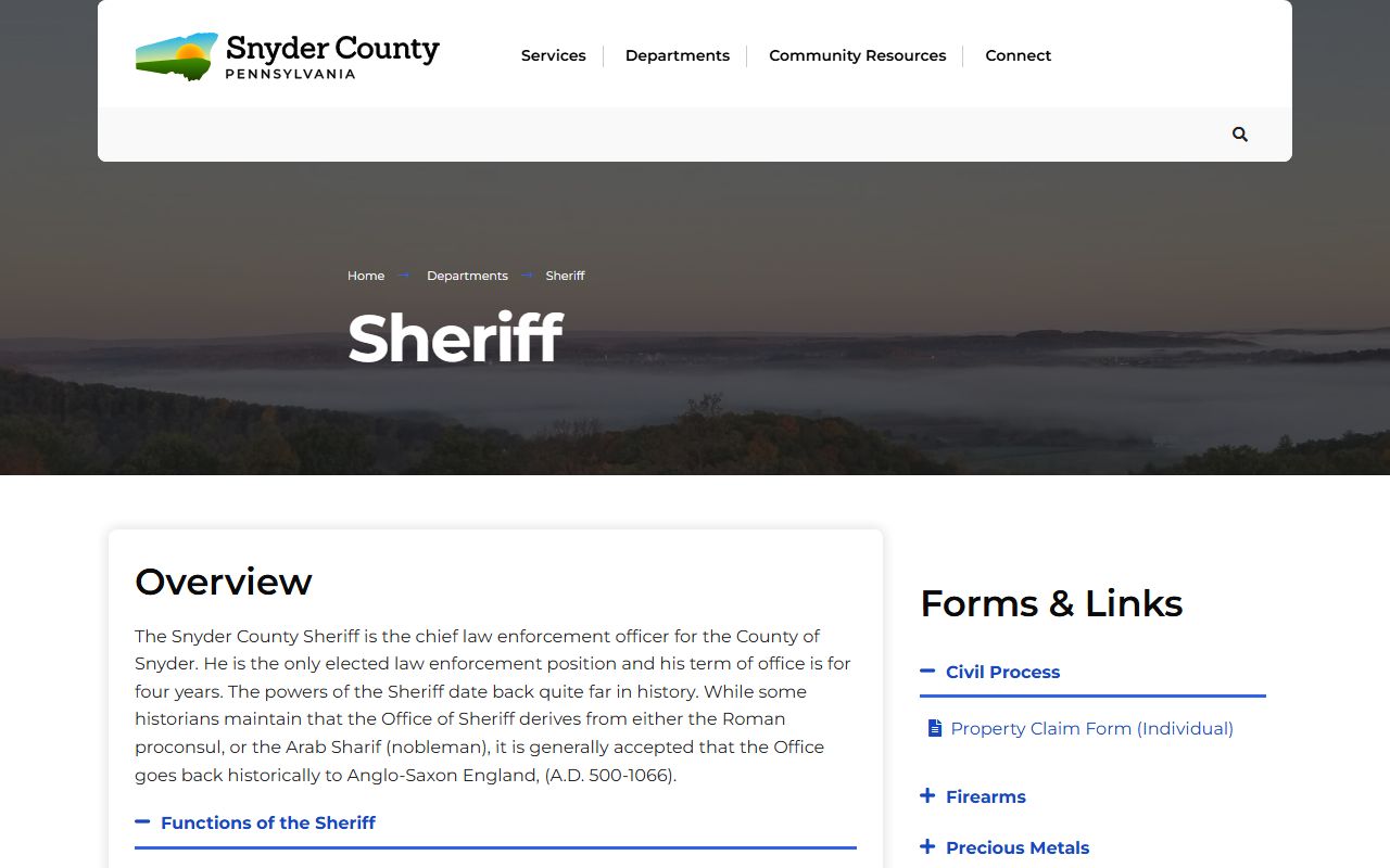 Snyder County Sheriff's Office page with arrest and jail mugshot information