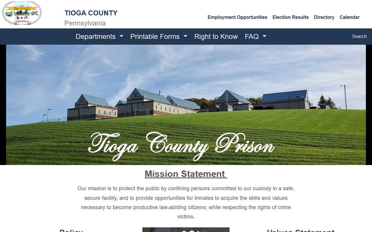 Tioga County Prison page for booking records and jail mugshots