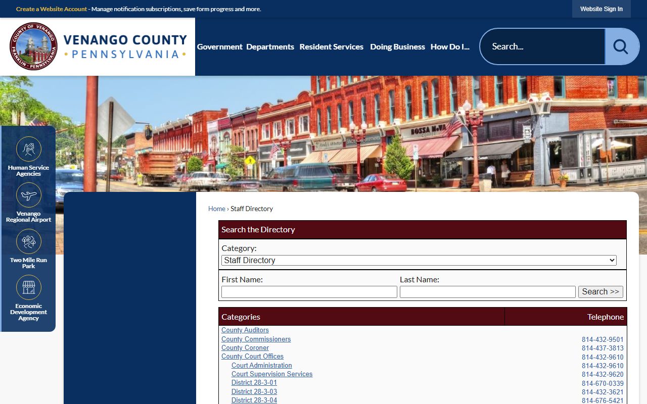 Venango County directory page for department contacts and jail mugshots