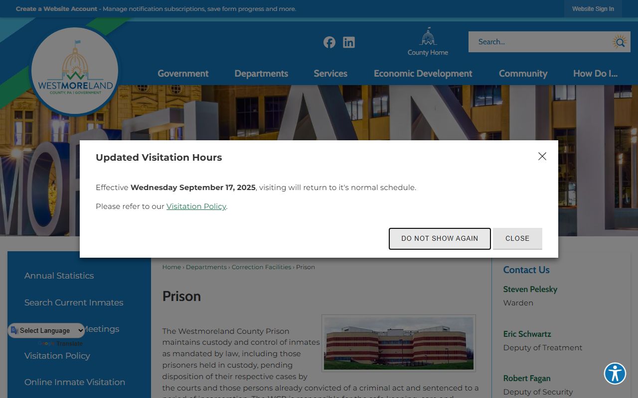 Westmoreland County Prison page for booking records and jail mugshots