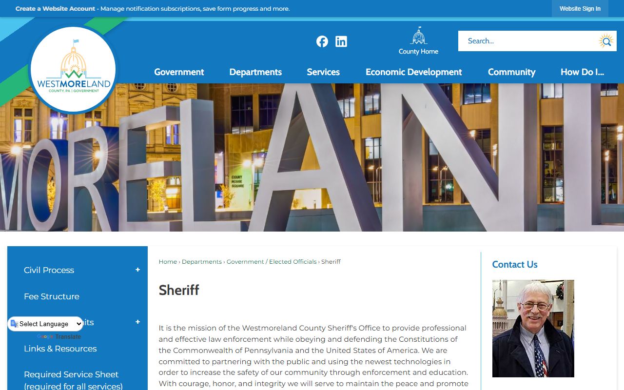 Westmoreland County Sheriff's Office page for arrest records and jail mugshots