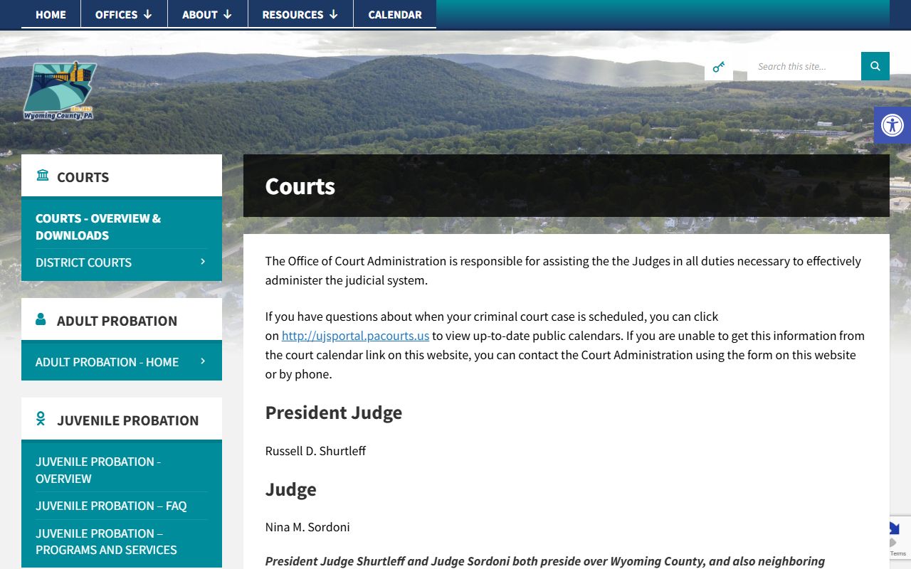 Wyoming County Courts Administration page for court records and jail mugshots