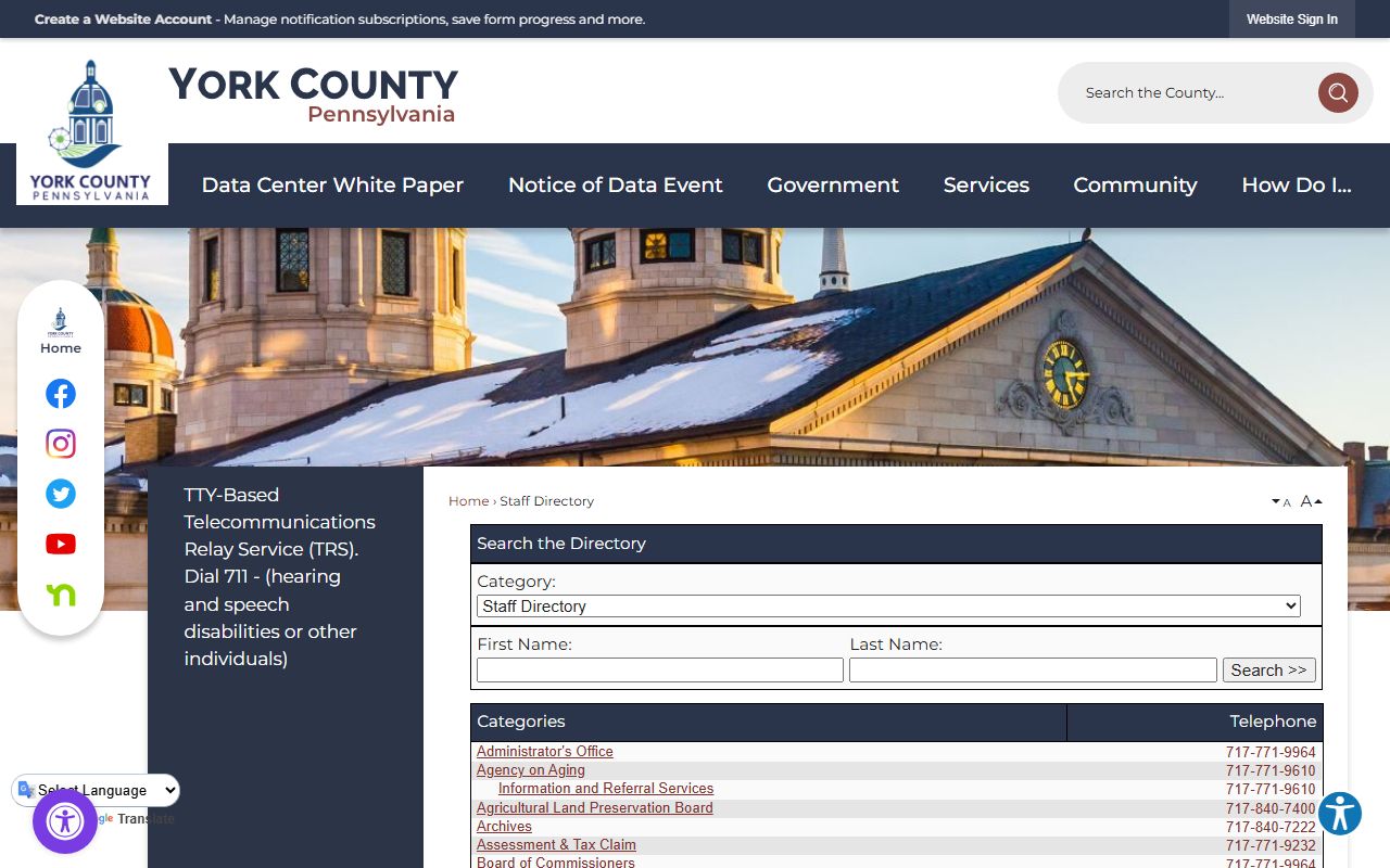 York County directory page for department contacts and jail mugshots