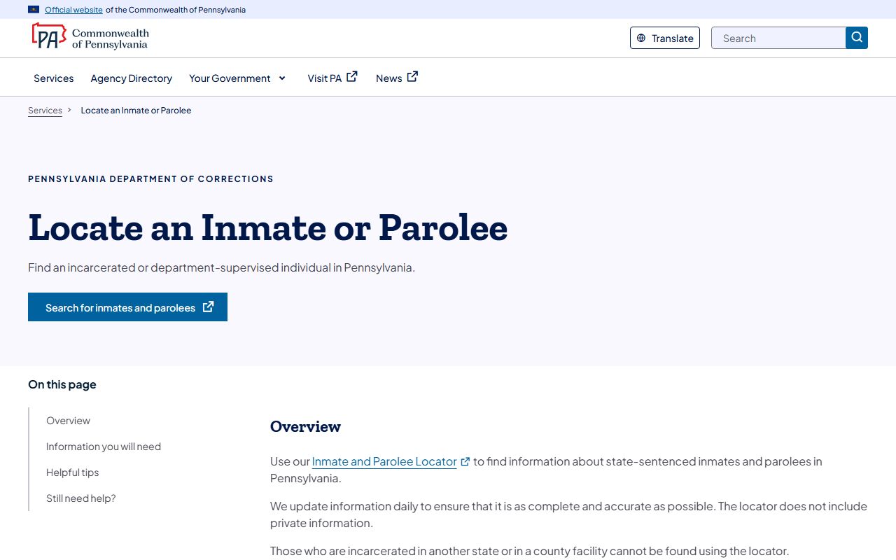 Pennsylvania inmate and parolee search page for jail mugshots